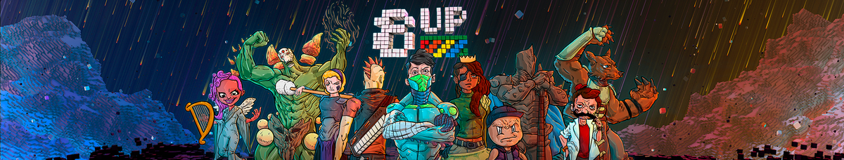 8UP logo hovering above a group of retro video game characters, several of them holding musical instruments.