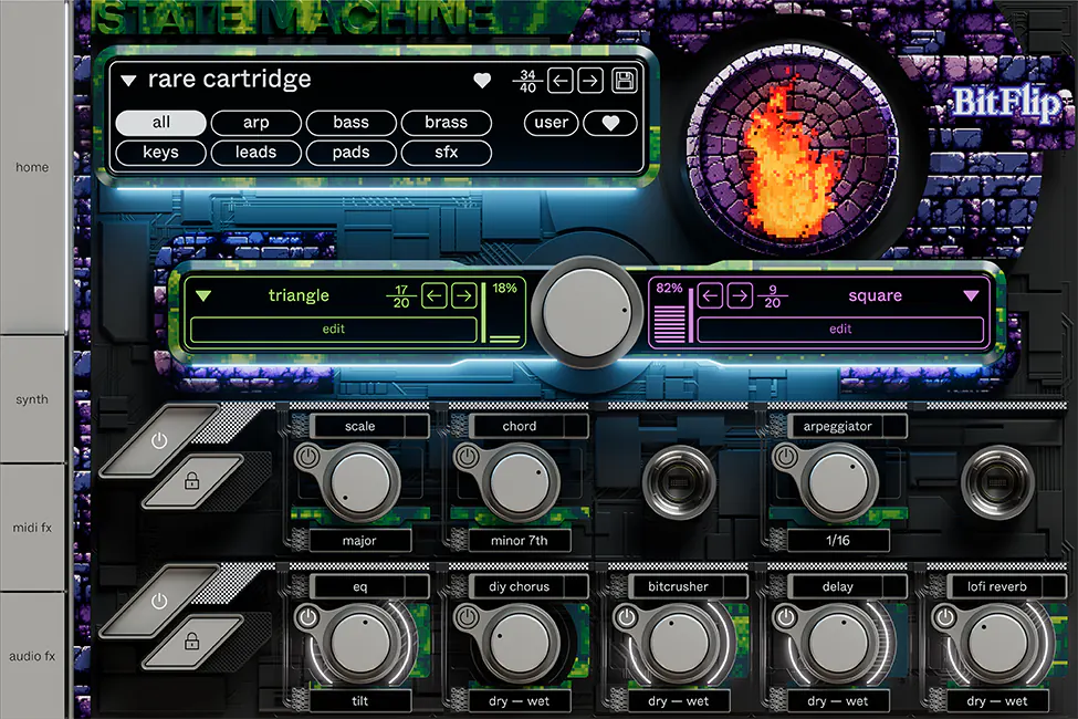 Screenshot of BitFlip, the State Machine chiptune VST instrument created by Cradle in collaboration with 8UP.