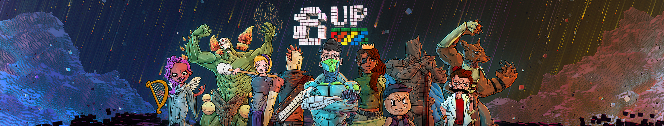 8UP logo hovering above a group of retro video game characters, several of them holding musical instruments.